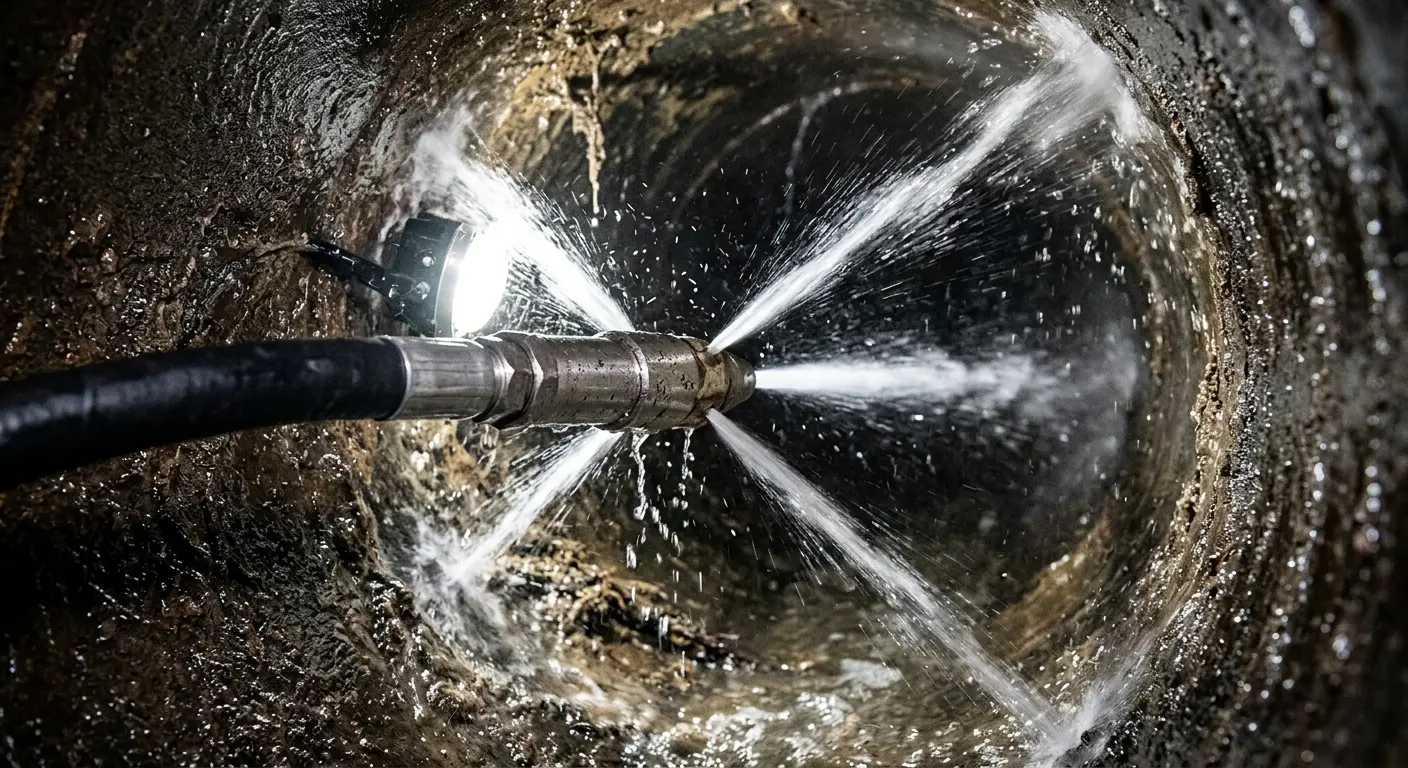 High-pressure hydro jetting nozzle cleaning sewer pipe for Sewer Cleanout in Caernarvon