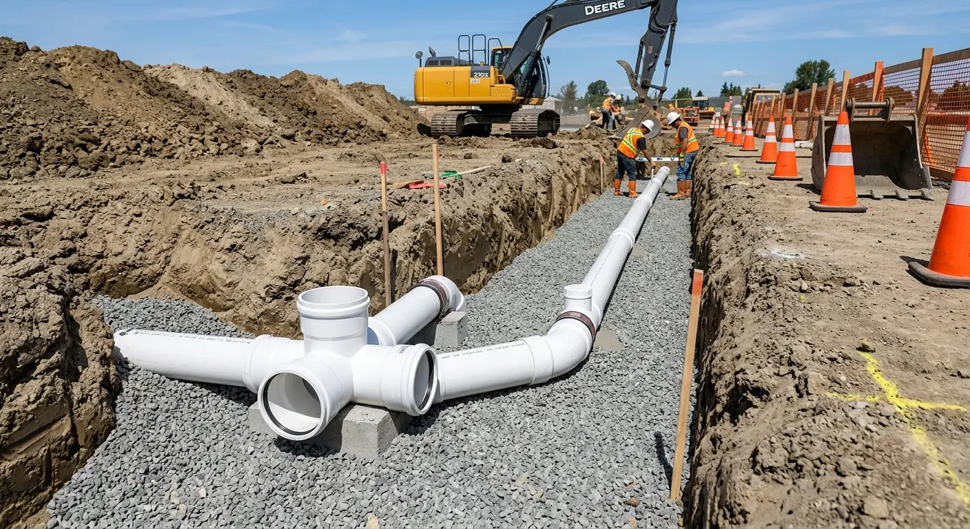 New PVC sewer pipe installation in open trench for Grease Trap Cleaning in Caernarvon
