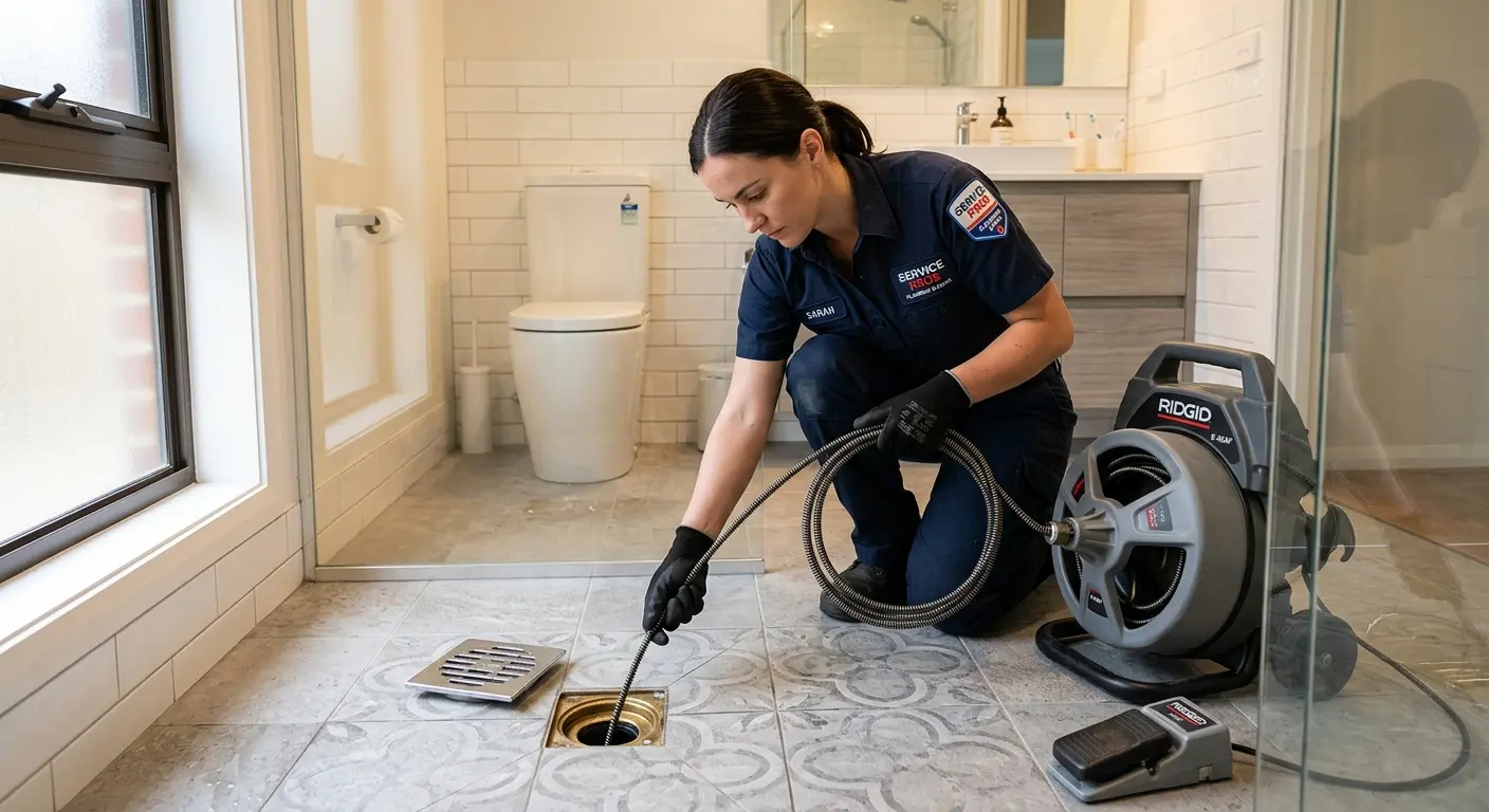 Technician clearing a bathroom floor drain for Drain Cleaning in Caernarvon